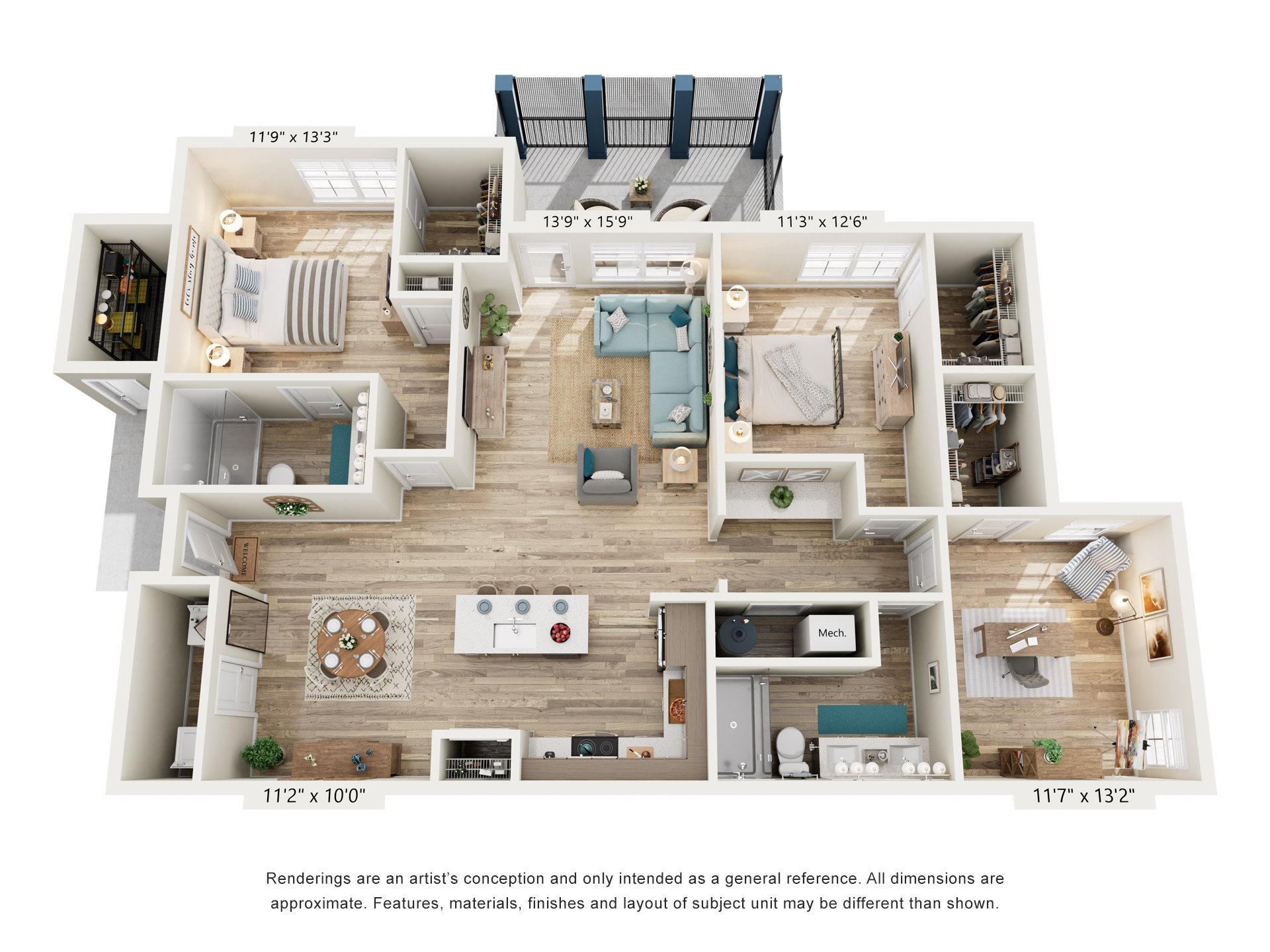 Floor plan for 3 beds, 2 baths, 1500 sqft